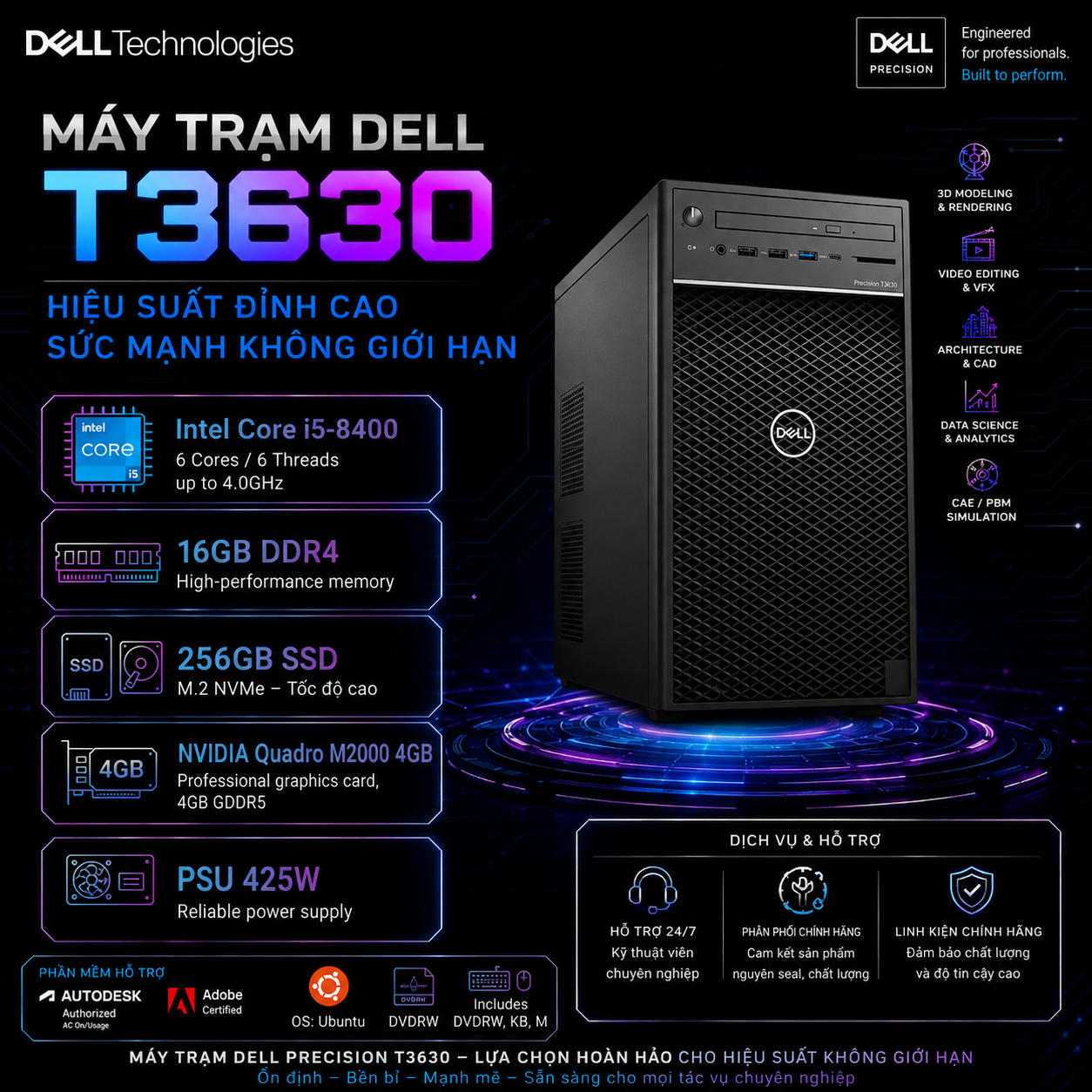 Máy trạm Dell Precision T3630/I5-8400/Ram 16GB/SSD 256GB/VGA M2000 4GB - Cấu hình 1